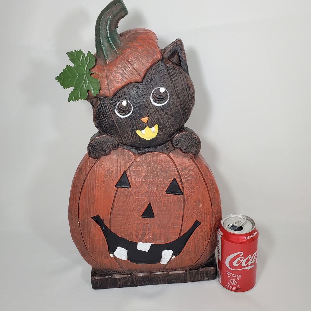 Vtg Halloween Black Cat in Jack O Lantern Pumpkin RARE UNIQUE Table Decor 18"